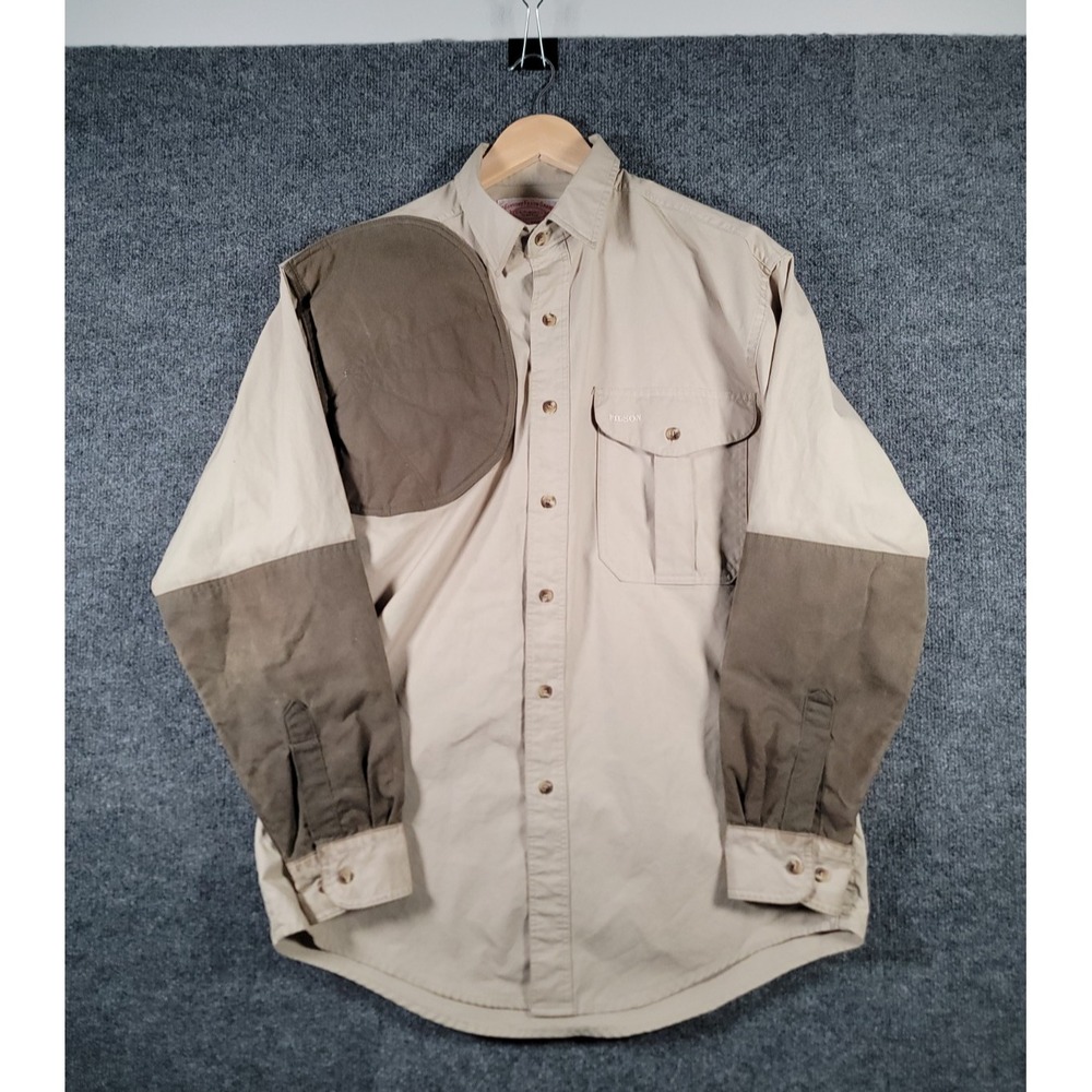 C.C. Filson Hunting Shirt Mens Medium Shooting Oil Cloth Patch Beige Made In USA